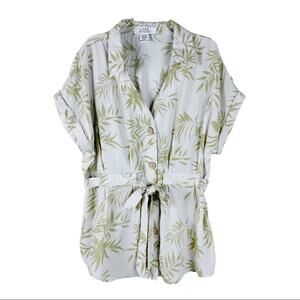 L.I.F.E. Cream tan green palm tropical botanical button tie boho resort top XL